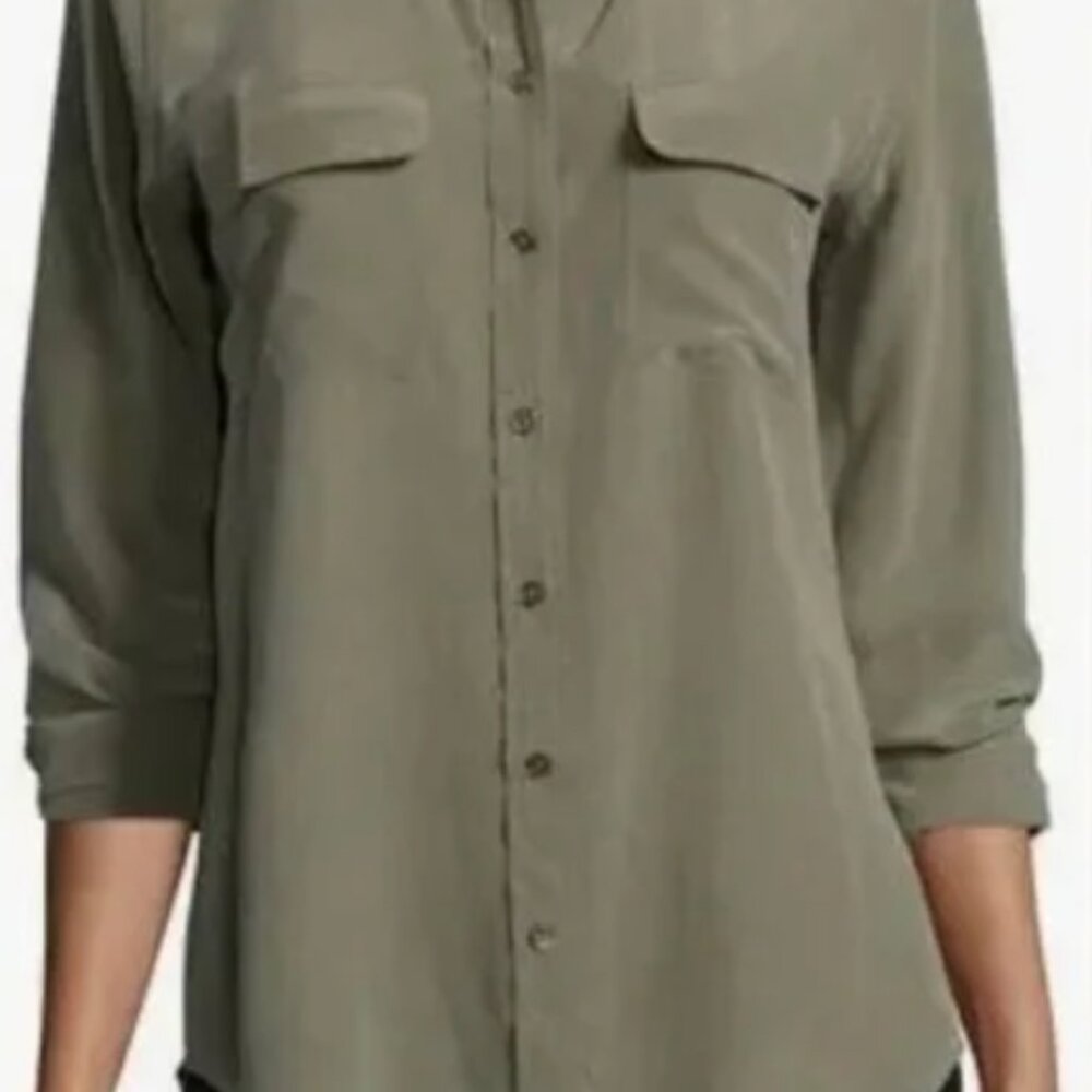EQUIPMENT femme Slim Signature Silk Shirt in Olive green, size Medium